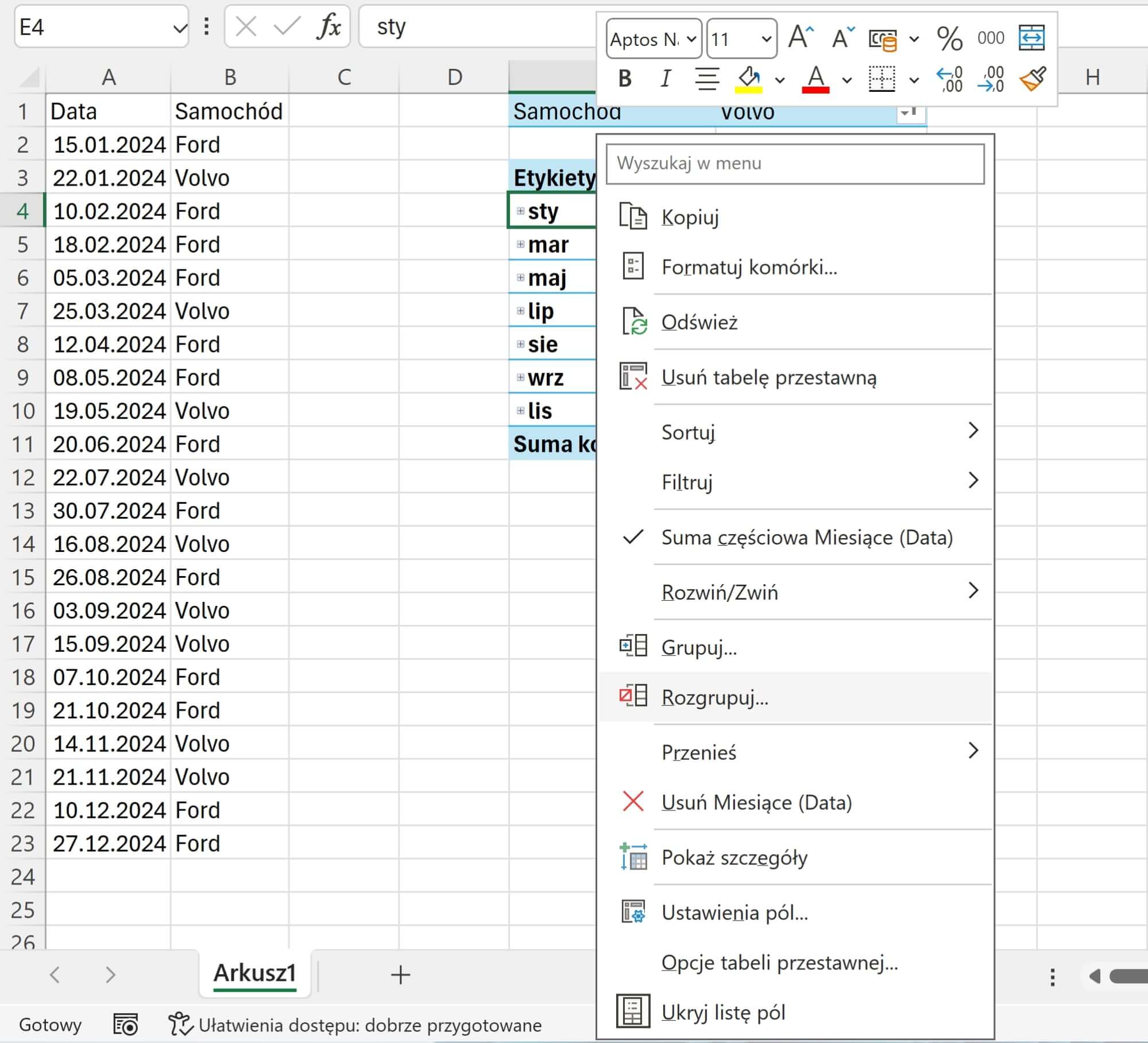 Tabele przestawne Excel 7